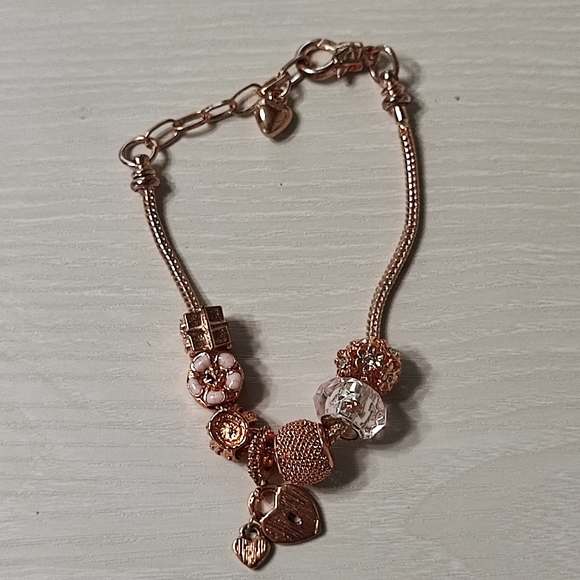 Rose Gold Bracelet Slide Beads Rhinestone Heart Padlock Mesh Snake Chain - Picture 5 of 7